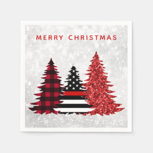 Firefighter Merry Christmas Tree Red Glitter Plaid Napkins