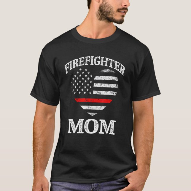 Firefighter Mom Patriotic US Flag Heart Funny Fire T-Shirt (Front)