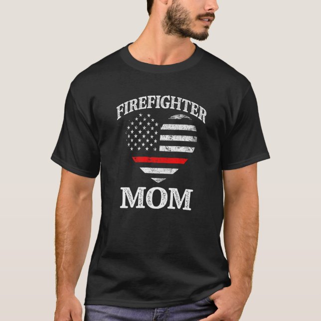Firefighter Mom Patriotic US Flag Heart Funny Fire T-Shirt (Front)