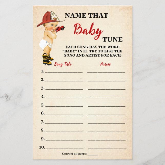 Firefighter Name Baby Tune Baby Shower Game Card Flyer (Front)