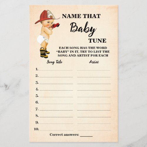 Firefighter Name Baby Tune Baby Shower Game Card Flyer