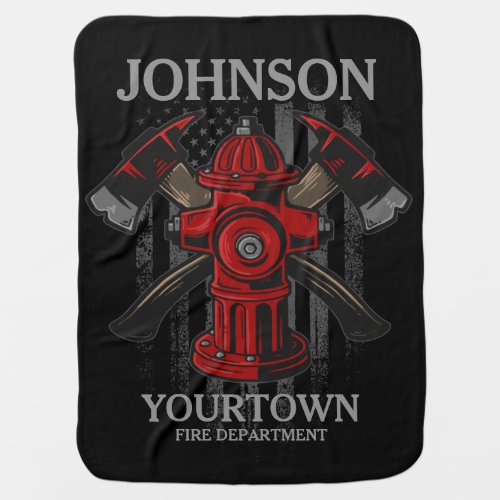 Firefighter NAME Fire Department Hydrant USA Flag Baby Blanket