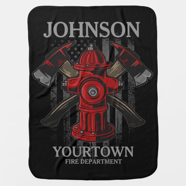 Firefighter NAME Fire Department Hydrant USA Flag Baby Blanket (Front)