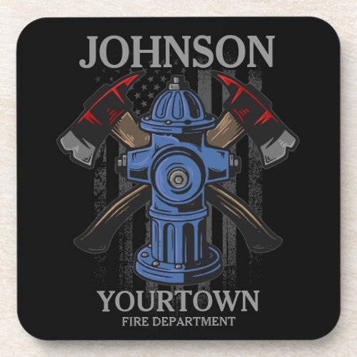 Firefighter NAME Fire Department Hydrant USA Flag  Beverage Coaster