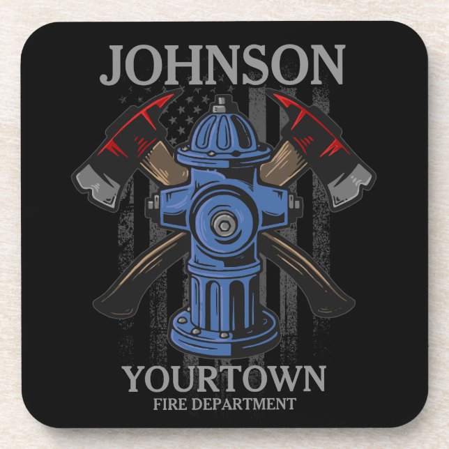 Firefighter NAME Fire Department Hydrant USA Flag  Beverage Coaster (Front)