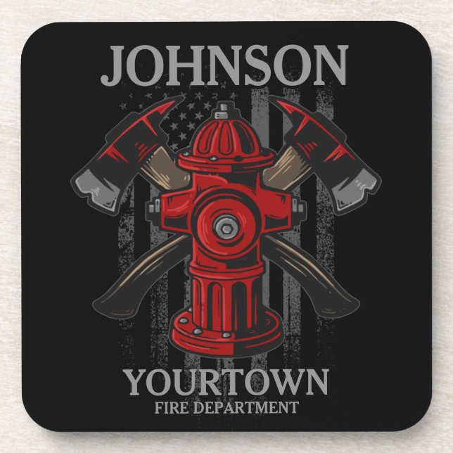 Firefighter NAME Fire Department Hydrant USA Flag  Beverage Coaster (Front)