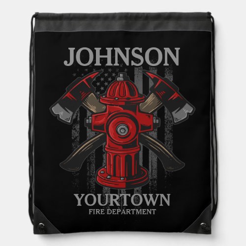 Firefighter NAME Fire Department Hydrant USA Flag  Drawstring Bag