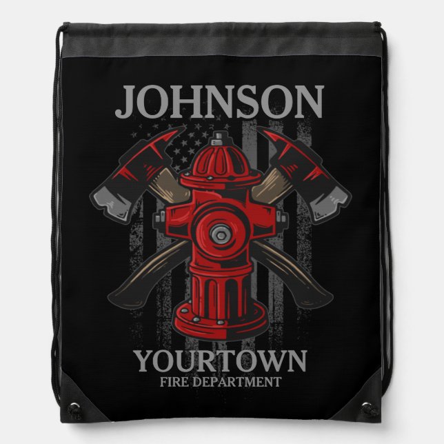 Firefighter NAME Fire Department Hydrant USA Flag  Drawstring Bag (Front)