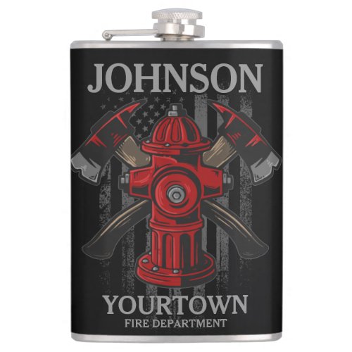Firefighter NAME Fire Department Hydrant USA Flag  Flask