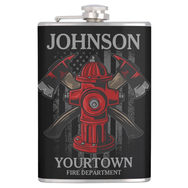 Firefighter NAME Fire Department Hydrant USA Flag  Flask (Front)