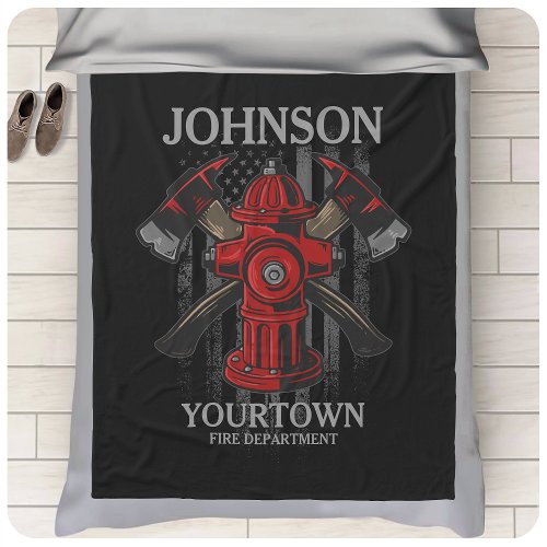 Firefighter NAME Fire Department Hydrant USA Flag Fleece Blanket