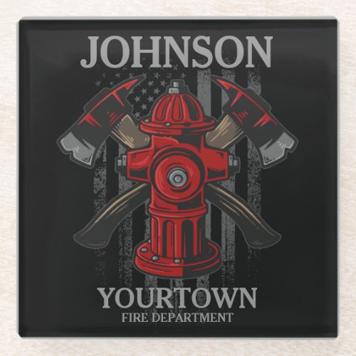 Firefighter NAME Fire Department Hydrant USA Flag  Glass Coaster