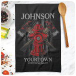 Firefighter NAME Fire Department Hydrant USA Flag  Kitchen Towel<br><div class="desc">Firefighter NAME Fireman Fire Department USA Flag design - Emblem with Red Hydrant and Axe. Customize with your Name,  Station/Dept Number and location.</div>