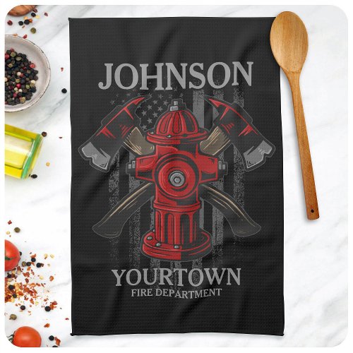 Firefighter NAME Fire Department Hydrant USA Flag  Kitchen Towel