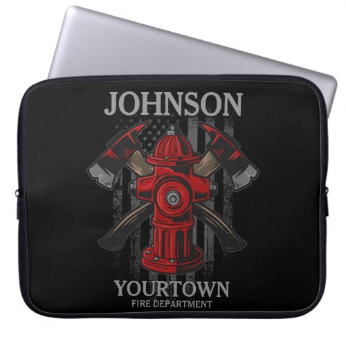 Firefighter NAME Fire Department Hydrant USA Flag  Laptop Sleeve