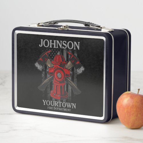 Firefighter NAME Fire Department Hydrant USA Flag Metal Lunch Box