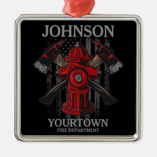 Firefighter NAME Fire Department Hydrant USA Flag  Metal Ornament (Front)