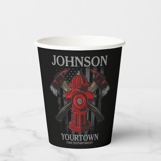 Firefighter NAME Fire Department Hydrant USA Flag  Paper Cups (Front)