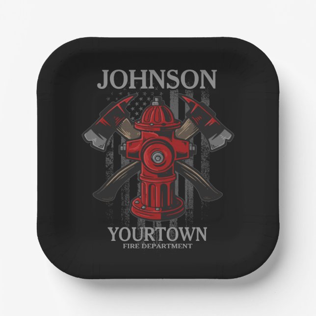 Firefighter NAME Fire Department Hydrant USA Flag  Paper Plates (Front)