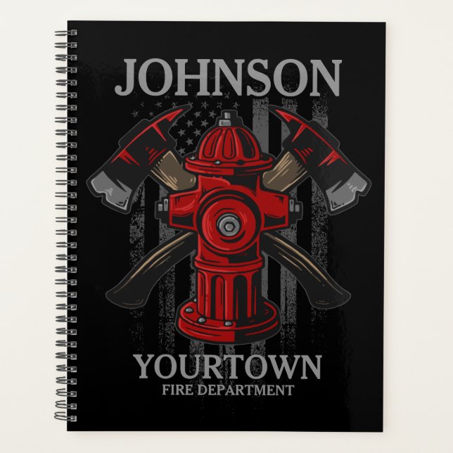Firefighter NAME Fire Department Hydrant USA Flag  Planner (Front)