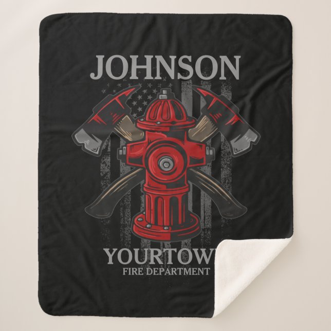 Firefighter NAME Fire Department Hydrant USA Flag  Sherpa Blanket (Front)