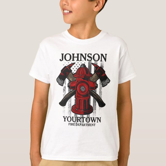 Firefighter NAME Fire Department Hydrant USA Flag  T-Shirt (Front)