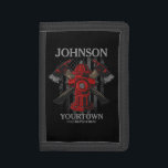 Firefighter NAME Fire Department Hydrant USA Flag  Trifold Wallet<br><div class="desc">Firefighter NAME Fireman Fire Department USA Flag design - Emblem with Red Hydrant and Axe. Customize with your Name,  Station/Dept Number and location.</div>