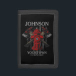 Firefighter NAME Fire Department Hydrant USA Flag  Trifold Wallet<br><div class="desc">Firefighter NAME Fireman Fire Department USA Flag design - Emblem with Red Hydrant and Axe. Customize with your Name,  Station/Dept Number and location.</div>
