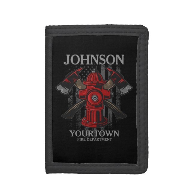 Firefighter NAME Fire Department Hydrant USA Flag  Trifold Wallet (Front Vertical)