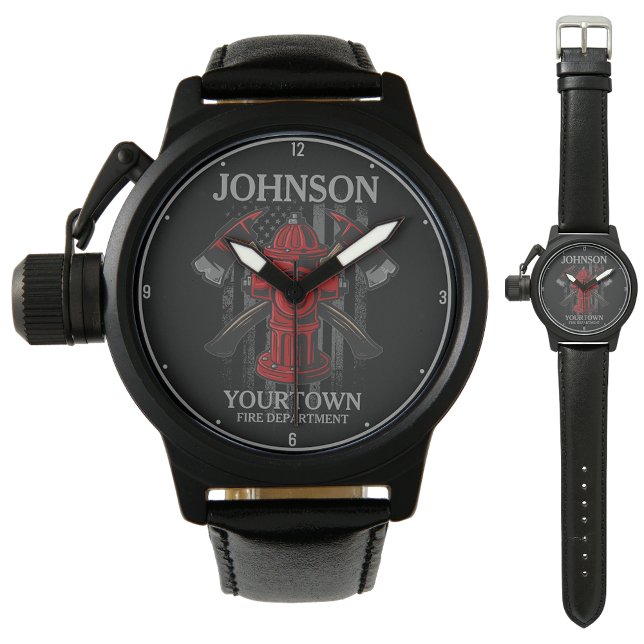 Firefighter NAME Fire Department Hydrant USA Flag  Watch (Creator Uploaded)