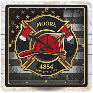 Firefighter NAME Fireman Fire Department Flag Square Wall Clock