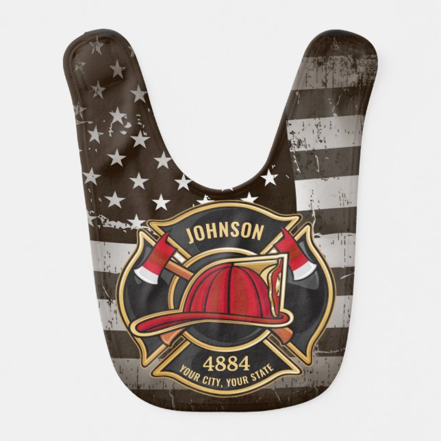 Firefighter NAME Fireman Fire Department USA Flag Baby Bib (Front)