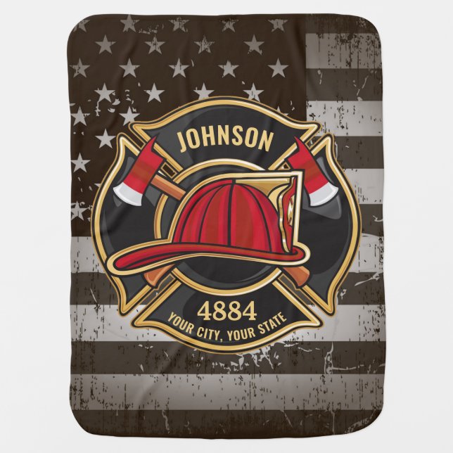 Firefighter NAME Fireman Fire Department USA Flag Baby Blanket (Front)