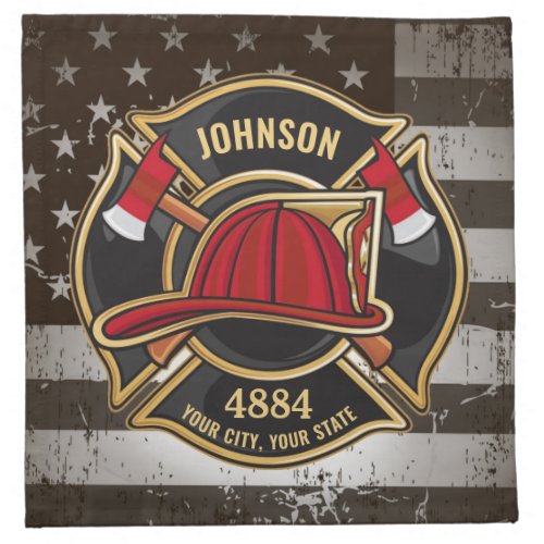 Firefighter NAME Fireman Fire Department USA Flag  Cloth Napkin
