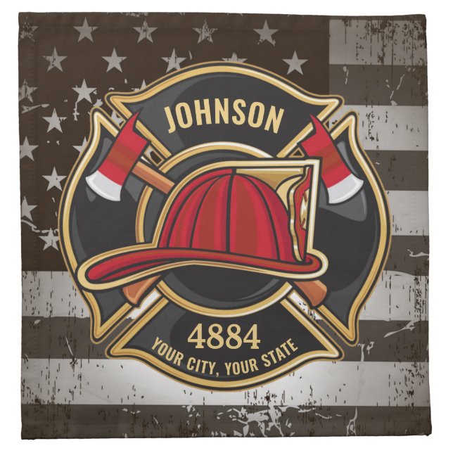 Firefighter NAME Fireman Fire Department USA Flag  Cloth Napkin (Front)