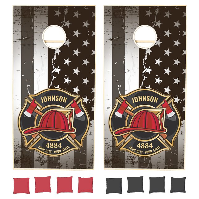 Firefighter NAME Fireman Fire Department USA Flag Cornhole Set (Creator Uploaded)