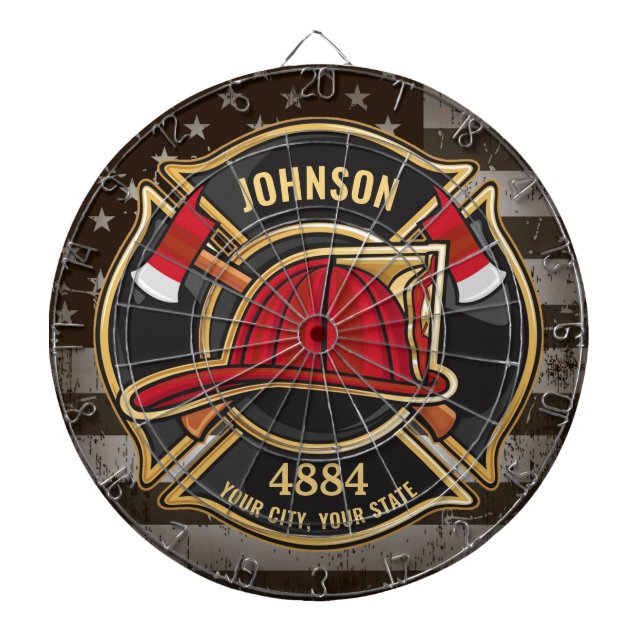 Firefighter NAME Fireman Fire Department USA Flag Dart Board (Front)