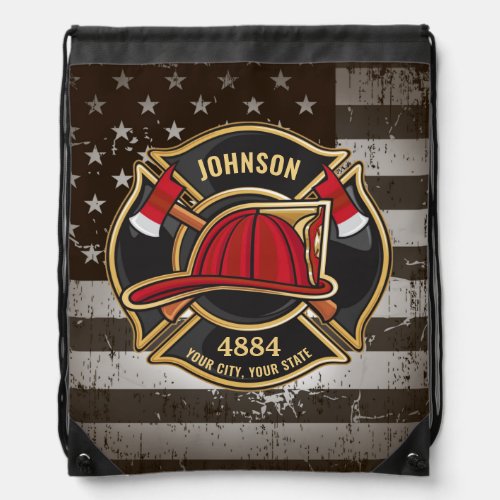 Firefighter NAME Fireman Fire Department USA Flag Drawstring Bag
