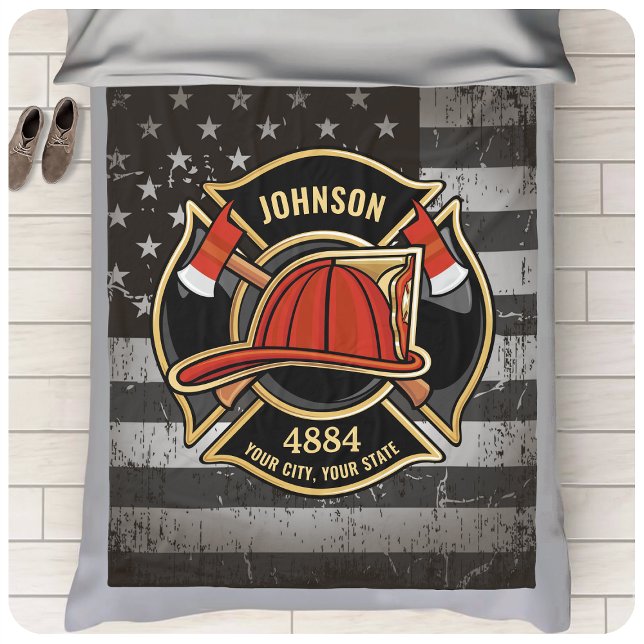 Firefighter NAME Fireman Fire Department USA Flag Fleece Blanket (Creator Uploaded)
