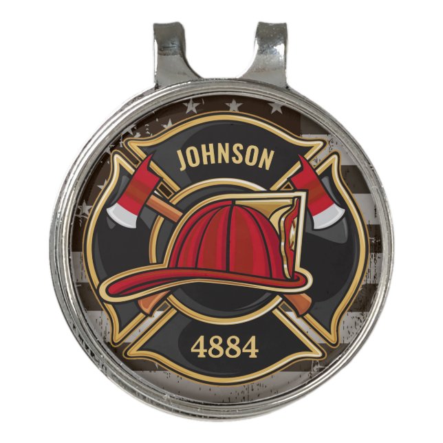 Firefighter NAME Fireman Fire Department USA Flag Golf Hat Clip (Front)