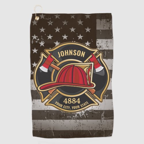 Firefighter NAME Fireman Fire Department USA Flag Golf Towel