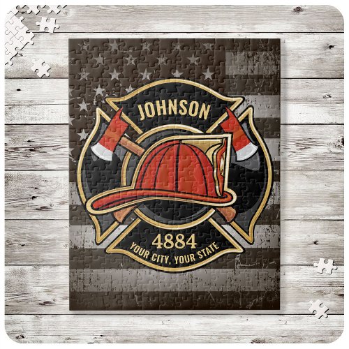 Firefighter NAME Fireman Fire Department USA Flag Jigsaw Puzzle