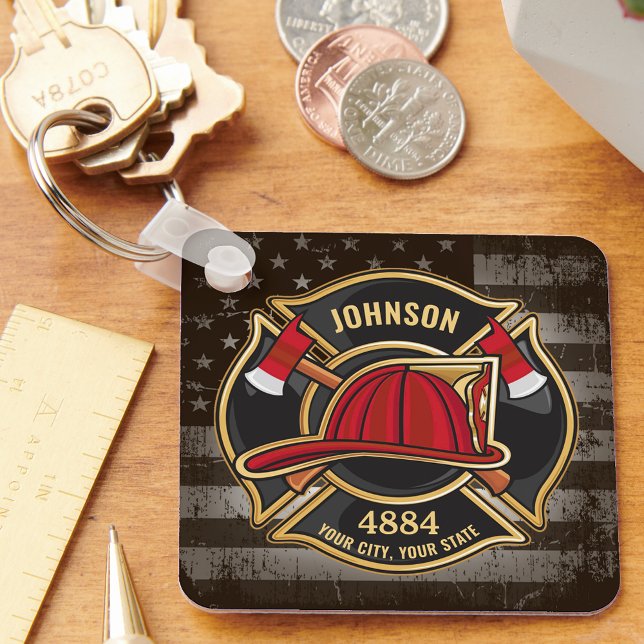 Firefighter NAME Fireman Fire Department USA Flag Keychain (Creator Uploaded)