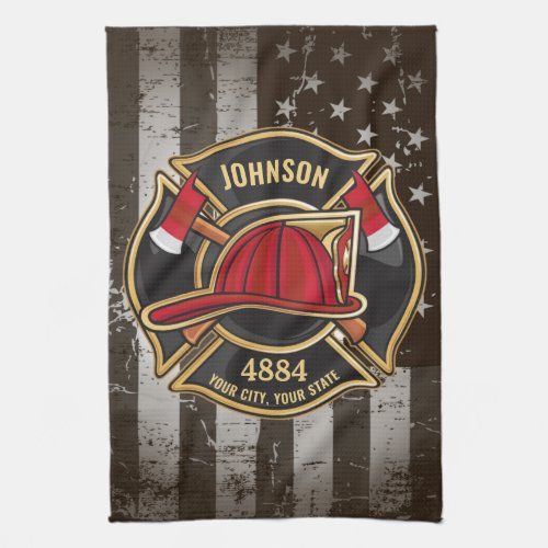 Firefighter NAME Fireman Fire Department USA Flag Kitchen Towel