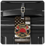 Firefighter NAME Fireman Fire Department USA Flag Luggage Tag<br><div class="desc">Firefighter NAME Fireman Fire Department USA Flag design - Emblem with Red Helmet and Axe. Customize with your Name,  Station/Dept Number and location.</div>