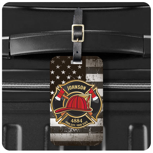 Firefighter NAME Fireman Fire Department USA Flag Luggage Tag