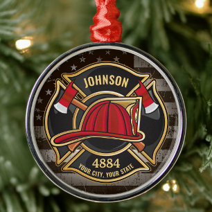 Firefighter NAME Fireman Fire Department USA Flag Metal Ornament