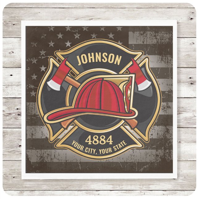 Firefighter NAME Fireman Fire Department USA Flag Napkins (Creator Uploaded)