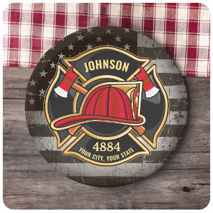Firefighter NAME Fireman Fire Department USA Flag Paper Plates