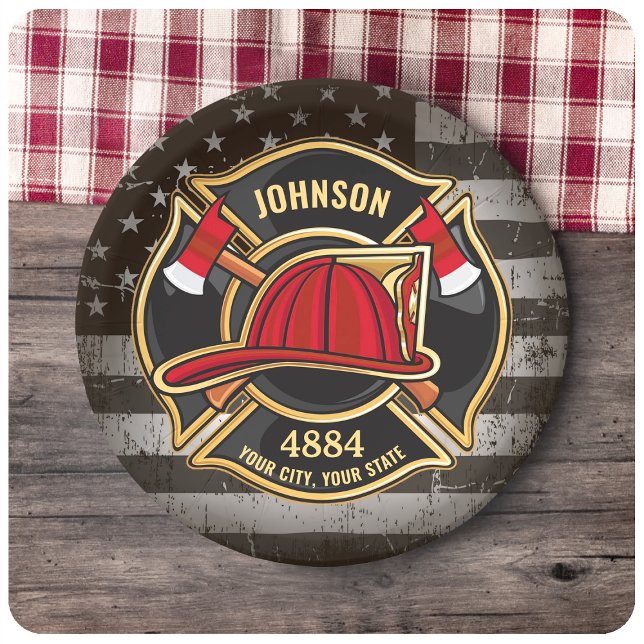 Firefighter NAME Fireman Fire Department USA Flag Paper Plates (Creator Uploaded)